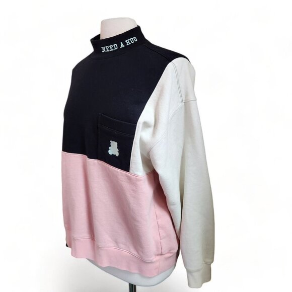 Teddy Fresh Sweatshirt Unisex M Need A Hug Color Block Mock Neck Black Pink - Picture 2 of 16